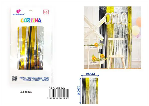 Cortina metálica de lluvia de 1x2 m, grosor 1.6, 4 secciones de colores negro, dorado y plateado