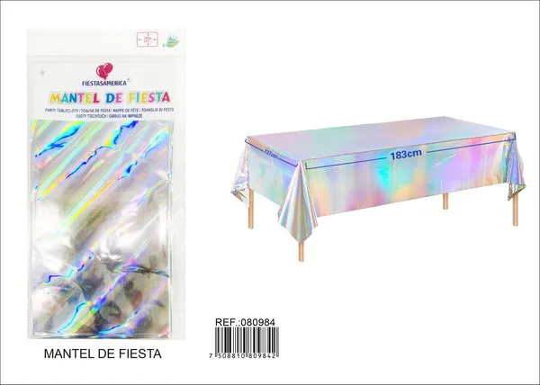 Mantel metalizado de 137x183 cm, diseño de rayas holográficas