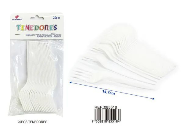 Tenedores de plástico PP, 14 cm, color blanco, 20 piezas