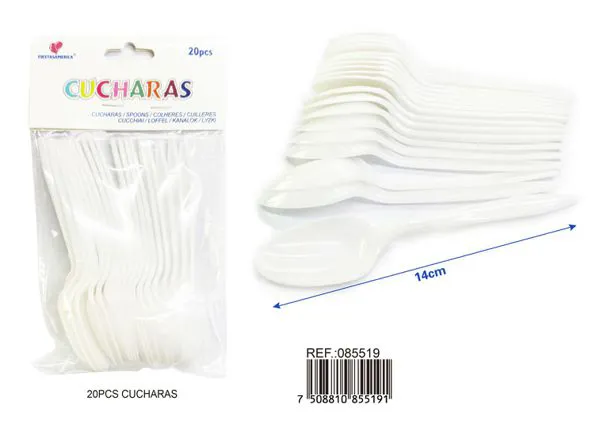 Cucharas de plástico PP, 14 cm, color blanco, 20 piezas