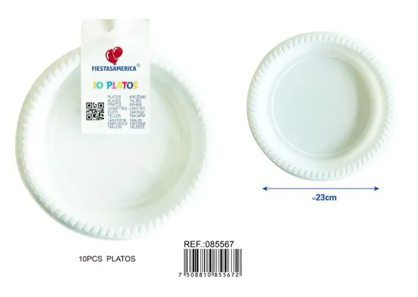 Platos de plástico PS de 9 pulgadas (23 cm), color blanco, 10 piezas