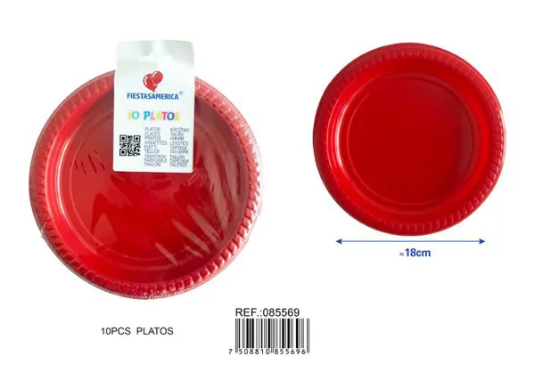 Platos de plástico PS de 7 pulgadas (18 cm), color rojo, 10 piezas