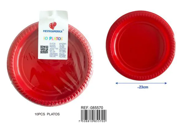 Platos de plástico PS de 9 pulgadas (23 cm), color rojo, 10 piezas
