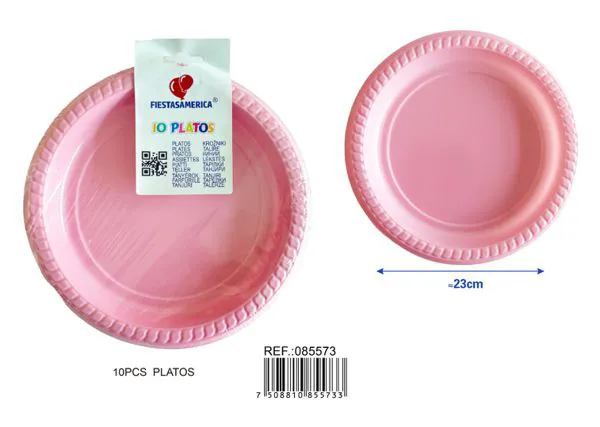 Platos de plástico PS de 9 pulgadas (23 cm), color rosa claro, 10 piezas