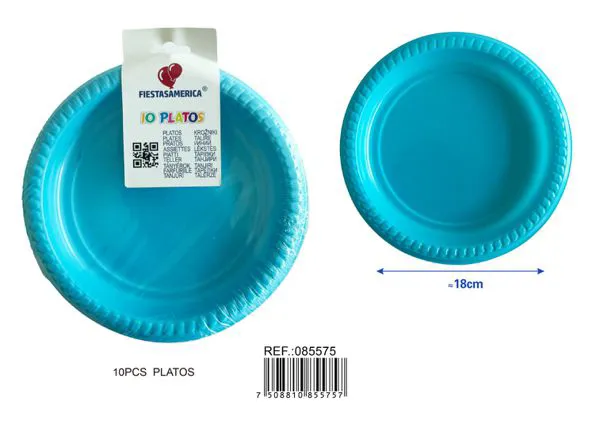 Platos de plástico PS de 7 pulgadas (18 cm), color azul claro, 10 piezas