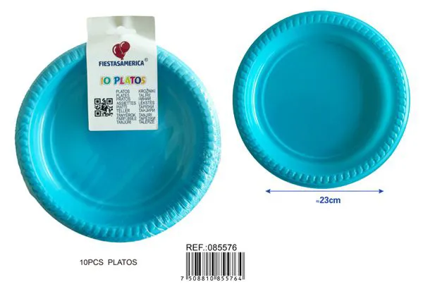 Platos de plástico PS de 9 pulgadas (23 cm), color azul claro, 10 piezas