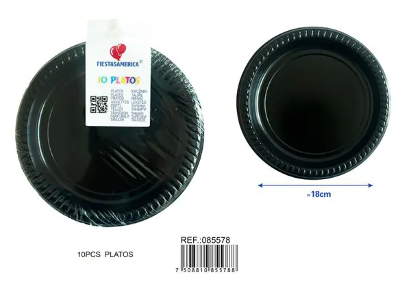 Platos de plástico PS de 7 pulgadas (18 cm), color negro, 10 piezas