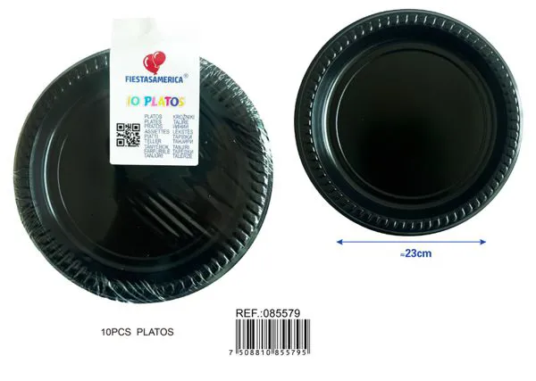 Platos de plástico PS de 9 pulgadas (23 cm), color negro, 10 piezas