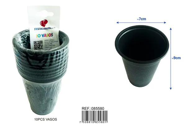 Vasos de plástico PP, 200 ml, color negro, 10 piezas