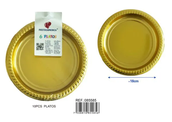 Platos de plástico PS de 7 pulgadas (18 cm), color dorado, 6 piezas