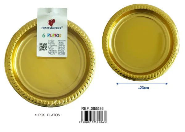 Platos de plástico PS de 9 pulgadas (23 cm), color dorado, 6 piezas