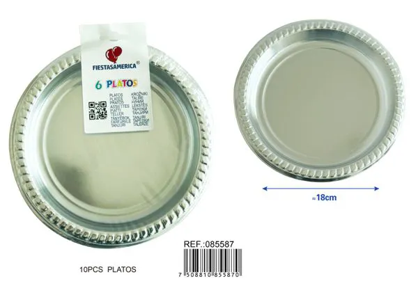 Platos de plástico PS de 7 pulgadas (18 cm), color plateado, 6 piezas