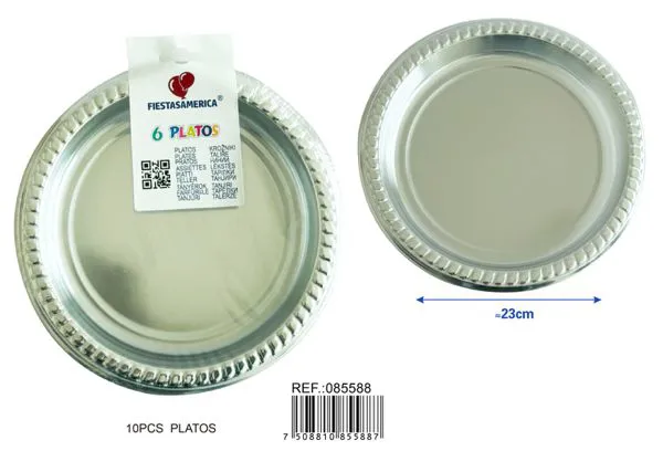 Platos de plástico PS de 9 pulgadas (23 cm), color plateado, 6 piezas
