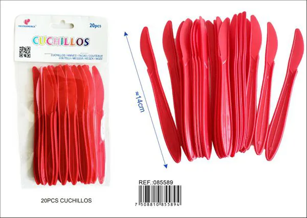 Cuchillos de plástico PP, 14 cm, color rojo, 20 piezas