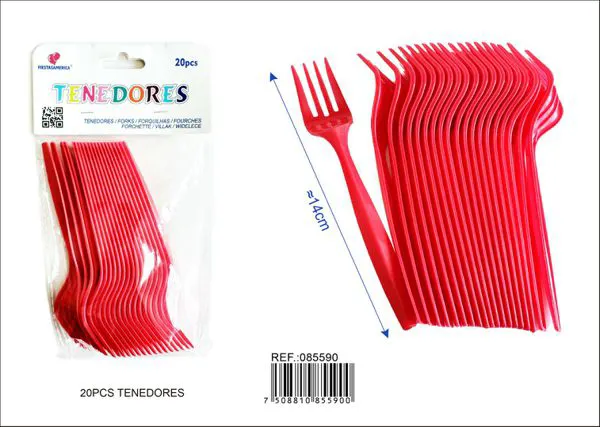 Tenedores de plástico PP, 14 cm, color rojo, 20 piezas