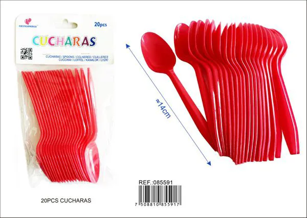 Cucharas de plástico PP, 14 cm, color rojo, 20 piezas