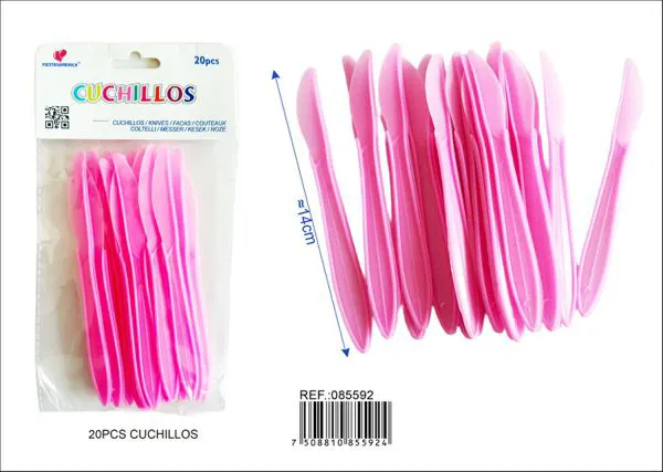 Cuchillos de plástico PP, 14 cm, color rosa claro, 20 piezas