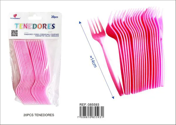Tenedores de plástico PP, 14 cm, color rosa claro, 20 piezas