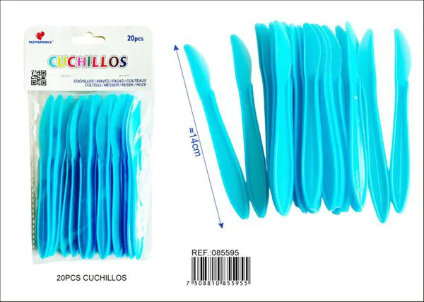 Cuchillos de plástico PP, 14 cm, color azul claro, 20 piezas