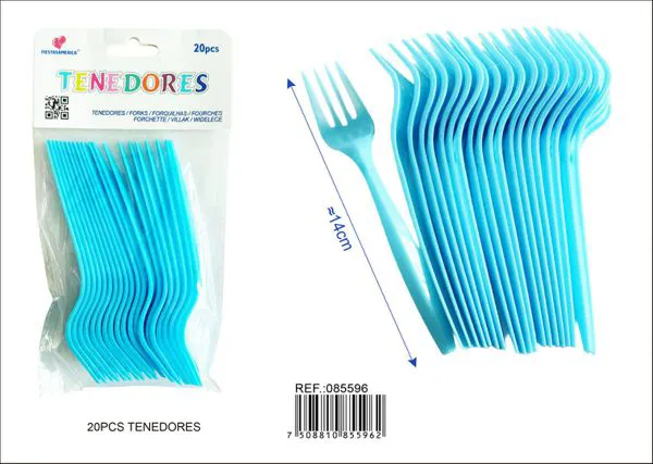 Tenedores de plástico PP, 14 cm, color azul claro, 20 piezas