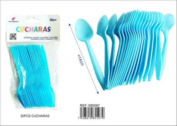 Cucharas de plástico PP, 14 cm, color azul claro, 20 piezas