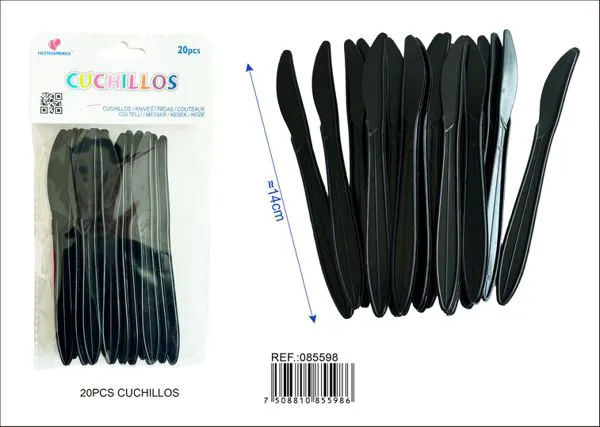 Cuchillos de plástico PP, 14 cm, color negro, 20 piezas