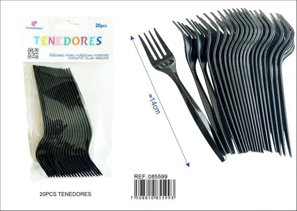 Tenedores de plástico PP, 14 cm, color negro, 20 piezas