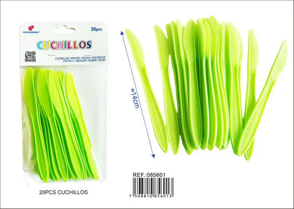 Cuchillos de plástico PP, 14 cm, color verde manzana, 20 piezas