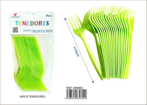 Tenedores de plástico PP, 14 cm, color verde manzana, 20 piezas