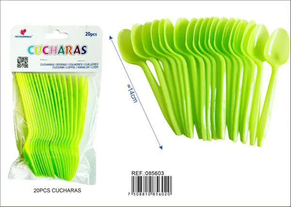 Cucharas de plástico PP, 14 cm, color verde manzana, 20 piezas