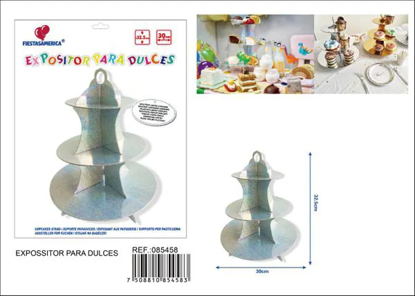 Base para pastel de tres niveles, color plateado holográfico
