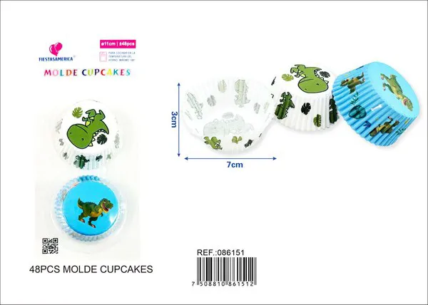 Capacillos de papel para pastel diseño de dinosaurio, 11 cm, 48 piezas