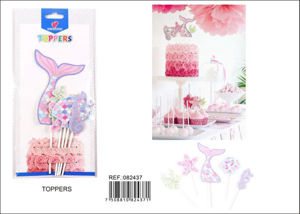 Set de adornos para pastel diseño de sirena con brillo, 21x9 cm, con palillo de papel, 5 piezas