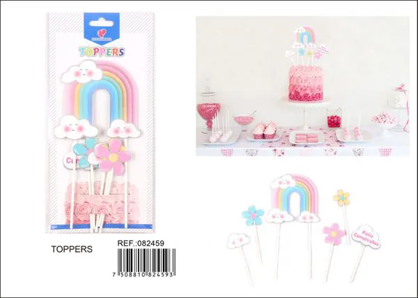 Set de adornos para pastel diseño de arco en español, 21x10.5 cm, con palillo de papel, 6 piezas