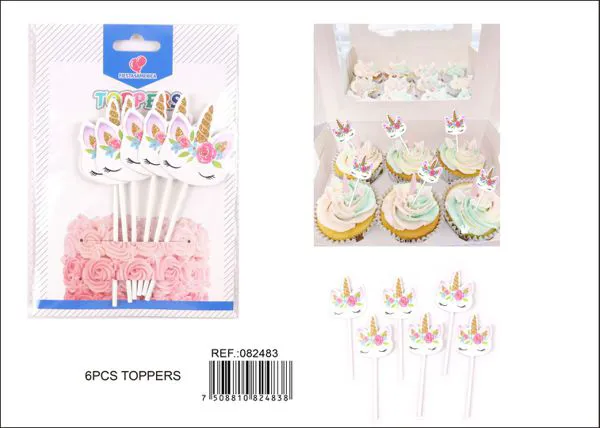 Palillos decorativos diseño de unicornio, 3x10 cm, con palillo de papel, 6 piezas