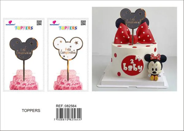 Adorno acrílico para pastel "Feliz Cumpleaños" en español, diseño Mickey, dorado, grosor 0.9, paquete surtido negro y blanco