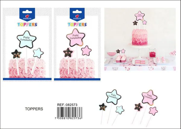 Set de adornos para pastel de estrella de cinco puntas en español, 22x10 cm, con palillo de papel, 3 piezas