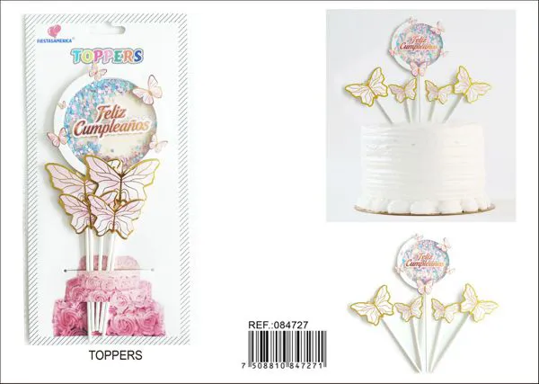 Set de adornos para pastel de mariposa con glitter, 5 piezas