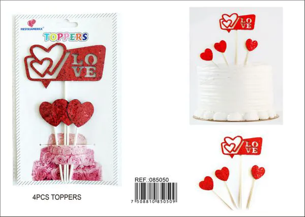 Adorno para pastel de tela no tejida, diseño de San Valentín, 4 piezas