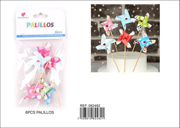 Palillos decorativos en forma de rehilete de 10x5.5 cm, 6 piezas