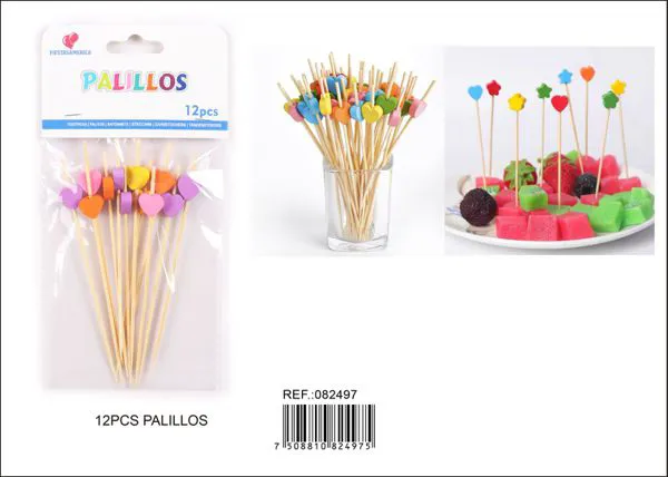 Palillos decorativos de madera en forma de corazón, multicolor, 12 piezas