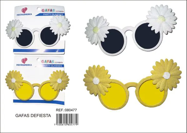 Lentes de fiesta en forma de margarita (amarillo, blanco)