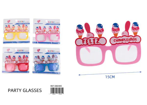 Lentes de fiesta cuadrados "Feliz Cumpleaños" (rojo, azul, amarillo, rosa, surtido 4 colores)