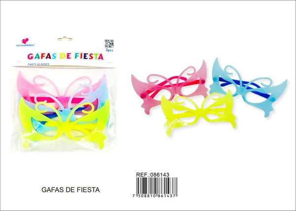 Lentes de fiesta color neón en forma de mariposa, 3 piezas