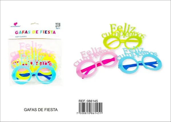 Lentes de fiesta color neón "Feliz Cumpleaños", 3 piezas