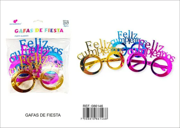 Lentes de fiesta metálicos con texto en español, 3 piezas (dorado, fucsia, azul)