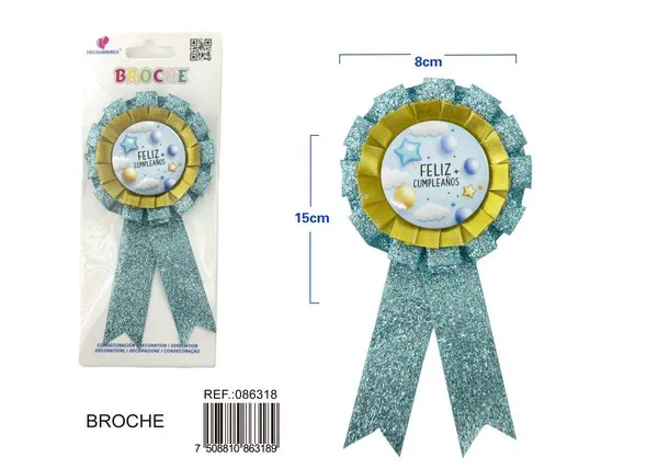 Broche de 8x15x4.5 cm, impresión "Feliz Cumpleaños", color azul