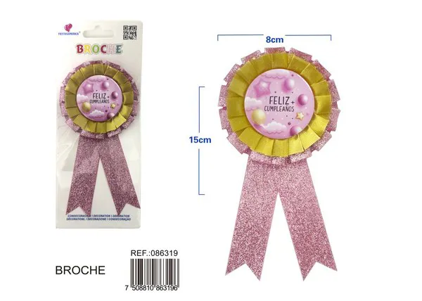Broche de 8x15x4.5 cm, impresión "Feliz Cumpleaños", color rosa