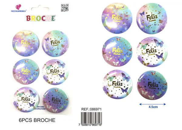 Broche redondo de 4.5x4.5 cm, colores surtidos, 6 piezas