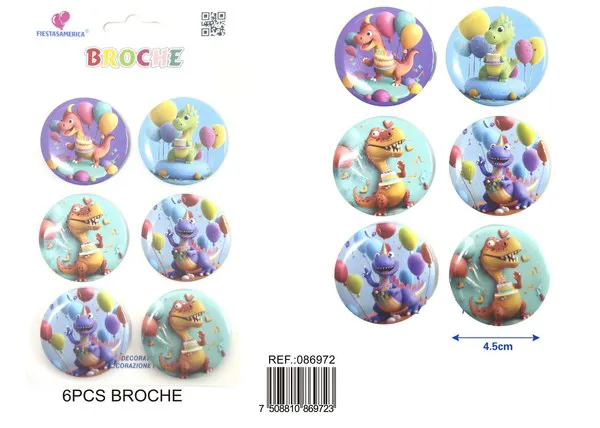 Broche redondo de 4.5x4.5 cm, colores surtidos, 6 piezas